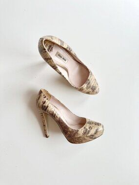 MIU MIU Beige Gold Brown Snakeskin Leather Round Toe Platform Pumps, Size 35.5
